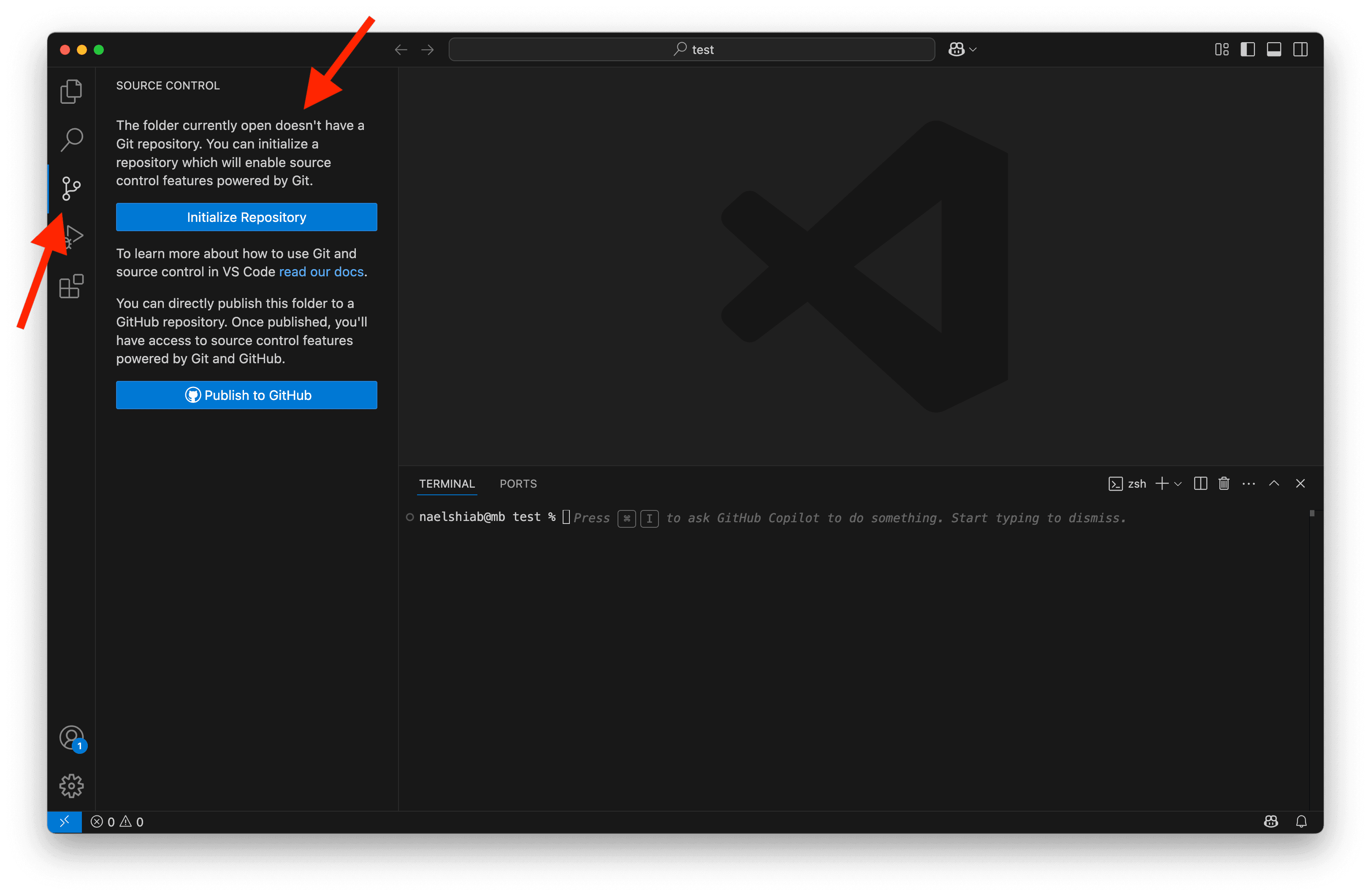 Message in VS Code saying that there is no Git repository.