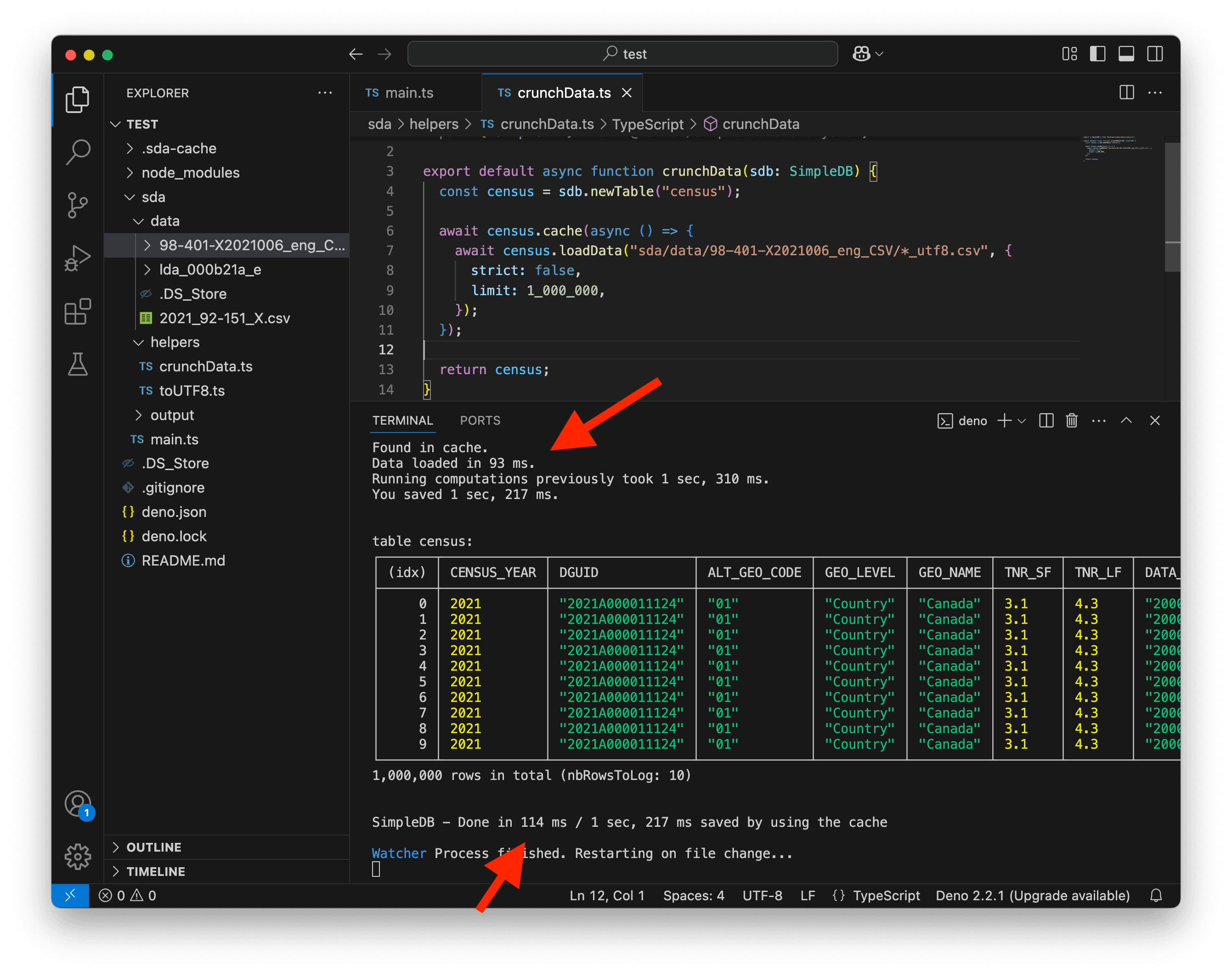 A screenshot of VS Code showing the cache being written.