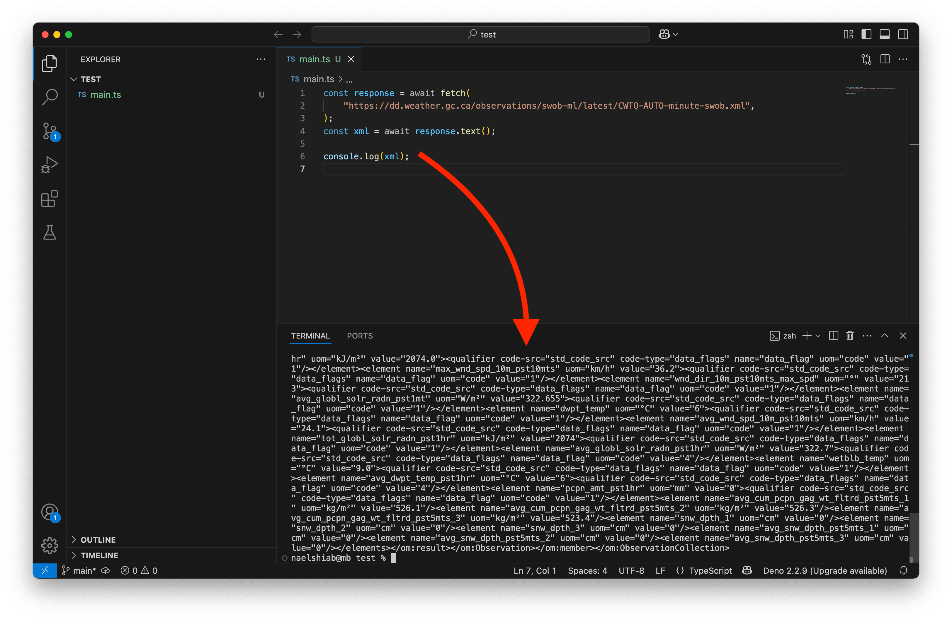 XML data logged in the terminal.